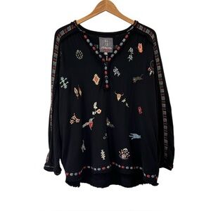 Johnny Was Pete & Greta women’s top L black gauzy cotton Southwestern Embroidery